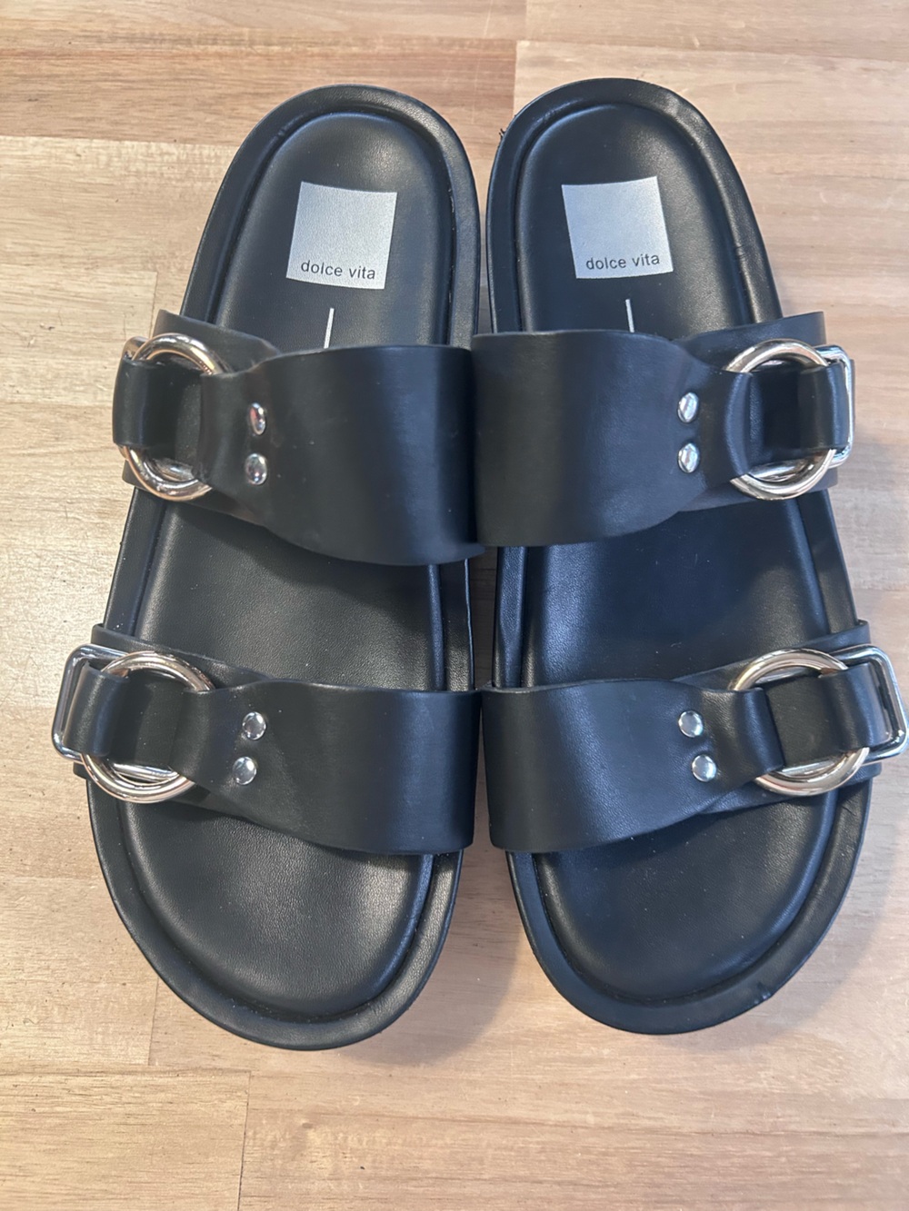 Dolce Vita Black Double-Buckle Slide Sandals with Silver Hardware